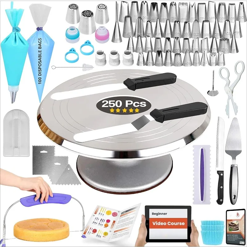250 PCs Aluminum Cake Decorating Tools Kit with 12" Metal Turntable & Knife set-48 Numbered Icing Tips-3 Russian Piping No
250 PCs Aluminum Cake Decorating Tools Kit with 12" Metal Turntable & Knife set-48 Numbered Icing Tips-3 Russian Piping No