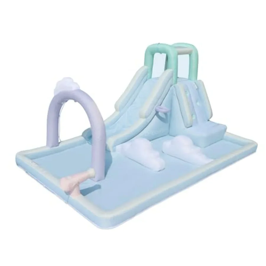 Outdoor water slide for kids: PVC, blue and yellow, 14.4ft L x 9.1ft W x 6.8ft H inflated, includes splash pool, spray feature,
Outdoor water slide for kids: PVC, blue and yellow, 14.4ft L x 9.1ft W x 6.8ft H inflated, includes splash pool, spray feature,