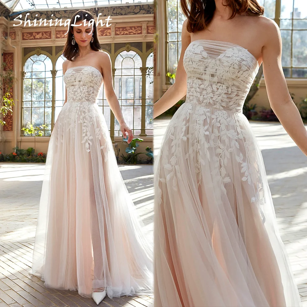 ShiningLight Lace Floral A Line Boho Wedding Dress Strapless Robe Mariage Tulle Beach Wedding Gowns for Bridal Customized
ShiningLight Lace Floral A Line Boho Wedding Dress Strapless Robe Mariage Tulle Beach Wedding Gowns for Bridal Customized