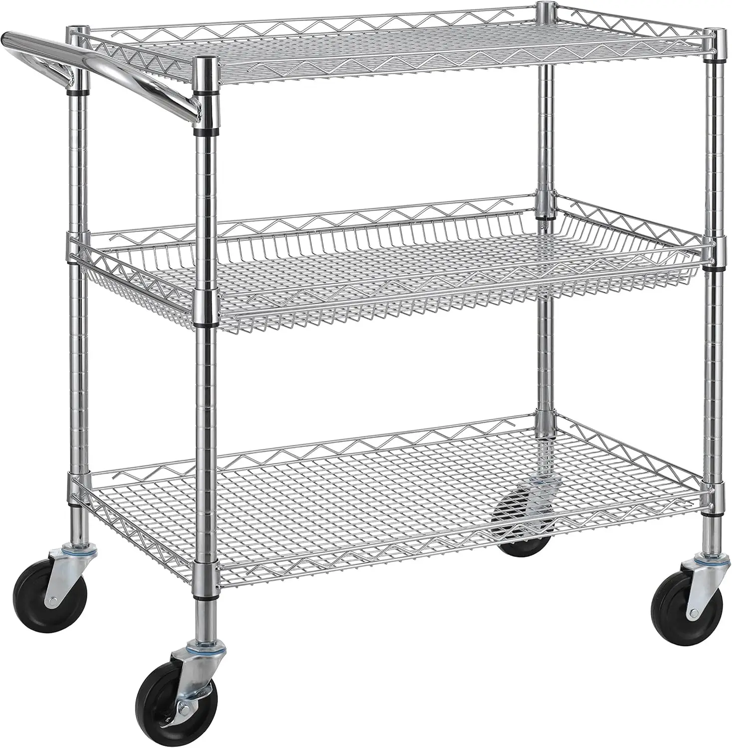 Heavy Duty 3-Tier Commercial Utility Cart with Wheels and Handle Bar, NSF Listed Steel Service Trolley for Storage and Display
Heavy Duty 3-Tier Commercial Utility Cart with Wheels and Handle Bar, NSF Listed Steel Service Trolley for Storage and Display