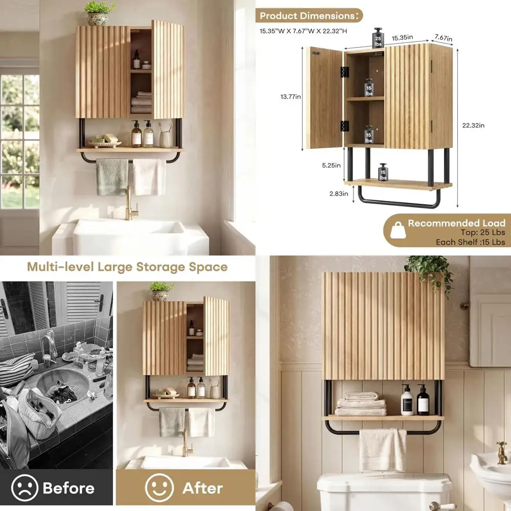 3-Tier Curved Wooden Medicine Cabinet with Adjustable Shelf & Towel Bar, Wall-Mounted Over Toilet Storage (Oak, Small)
3-Tier Curved Wooden Medicine Cabinet with Adjustable Shelf & Towel Bar, Wall-Mounted Over Toilet Storage (Oak, Small)