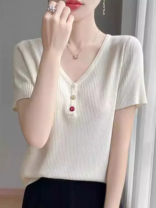 Women's V-Neck Ice Silk Knitted Short Sleeve T-Shirt Spring Cool Slimming Base Layer Top Small Shirt Korean Style Commute Wind
Women's V-Neck Ice Silk Knitted Short Sleeve T-Shirt Spring Cool Slimming Base Layer Top Small Shirt Korean Style Commute Wind