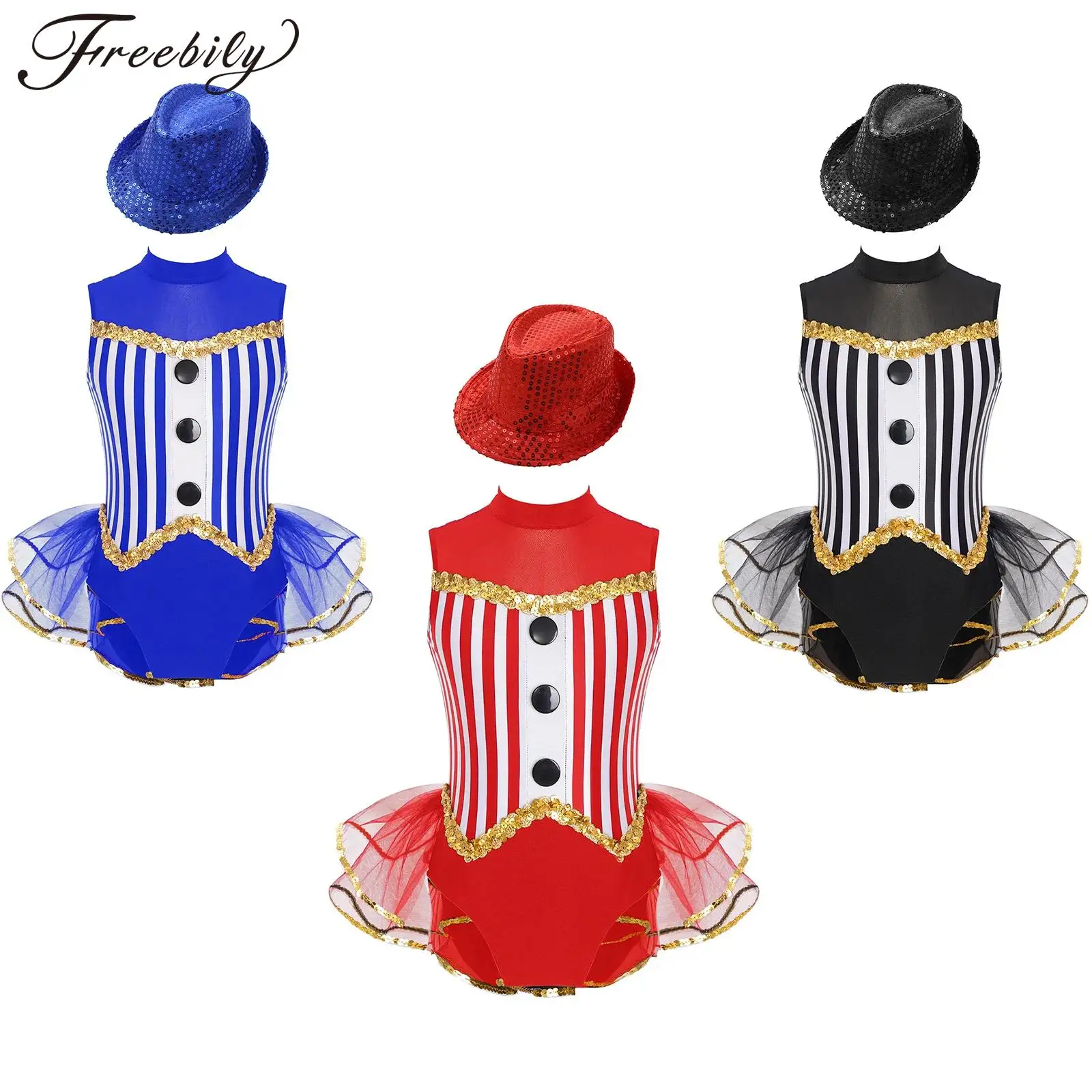Kids Girls Jazz Dance Dance Unitards Sleeveless Sequined Trim Open Back Tulle Skirted Striped Leotard with Sequins Hat
Kids Girls Jazz Dance Dance Unitards Sleeveless Sequined Trim Open Back Tulle Skirted Striped Leotard with Sequins Hat