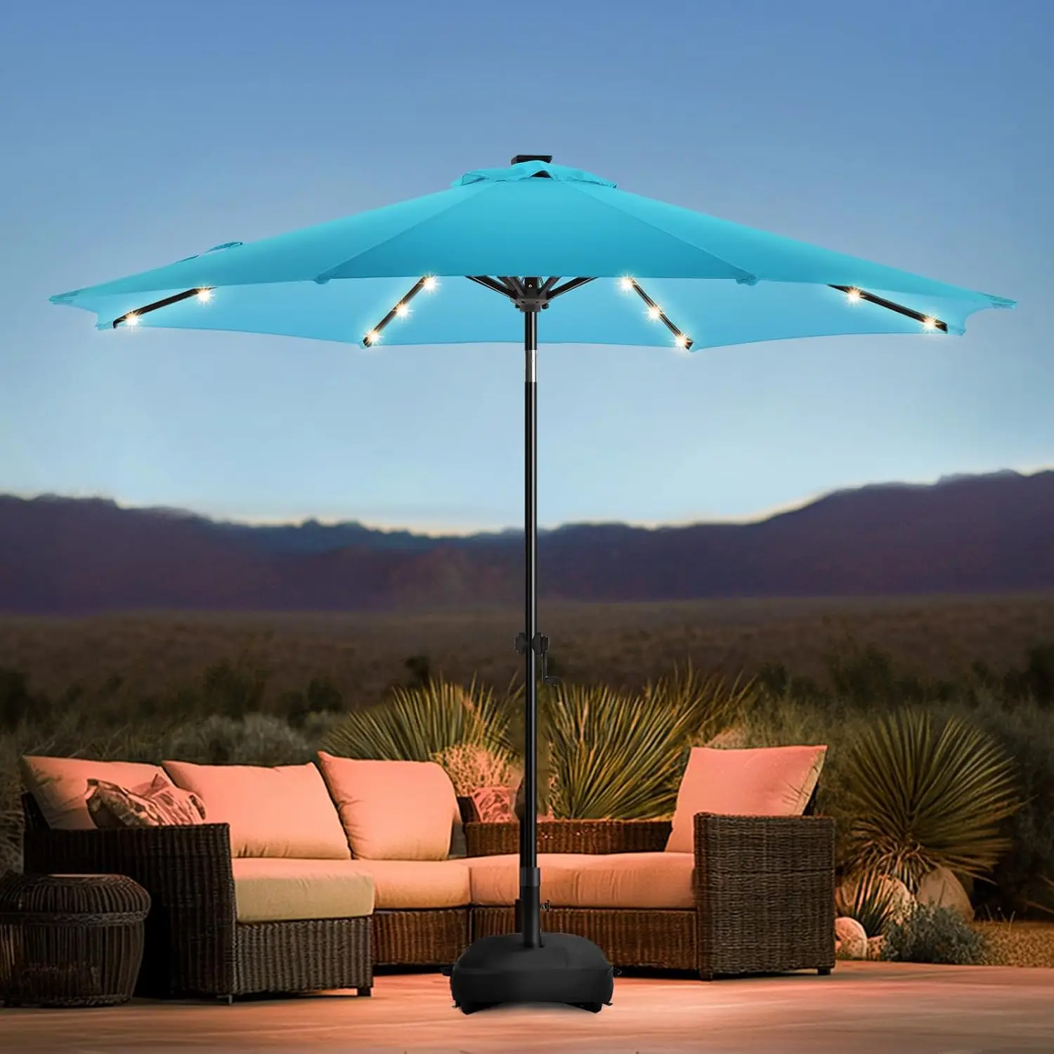 9FT Solar Led Patio Umbrella with Base Included, 32 LED Lights, 8 Sturdy Ribs, Fade Resistant Waterproof POLYESTER DTY Canopy
9FT Solar Led Patio Umbrella with Base Included, 32 LED Lights, 8 Sturdy Ribs, Fade Resistant Waterproof POLYESTER DTY Canopy
