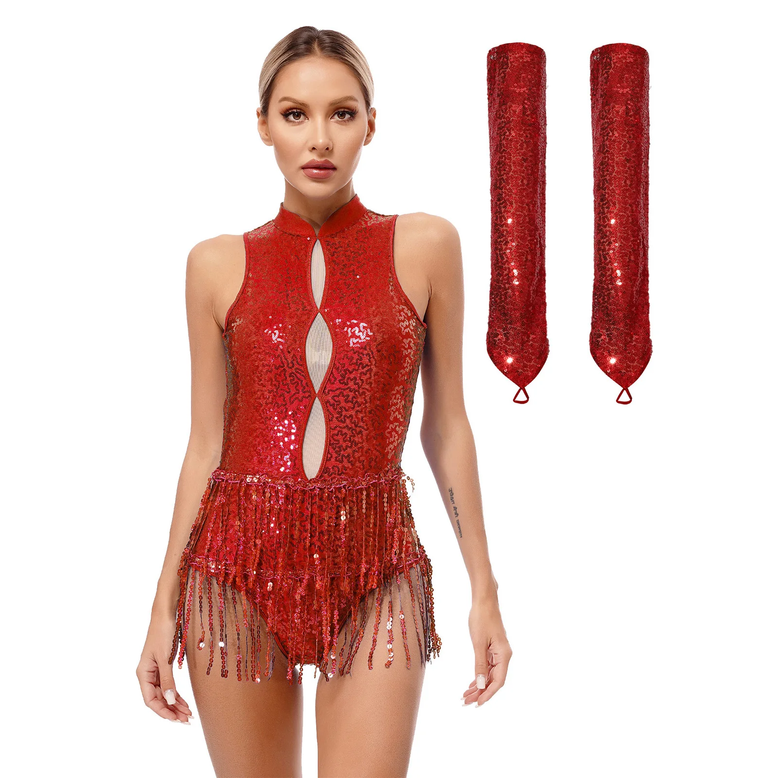 Women Latin Dance Leotard Outfit Glittery Sequins Sleeveless Backless Tassel with Sequin Gloves Samba Cha-cha Dancing Costume
Women Latin Dance Leotard Outfit Glittery Sequins Sleeveless Backless Tassel with Sequin Gloves Samba Cha-cha Dancing Costume