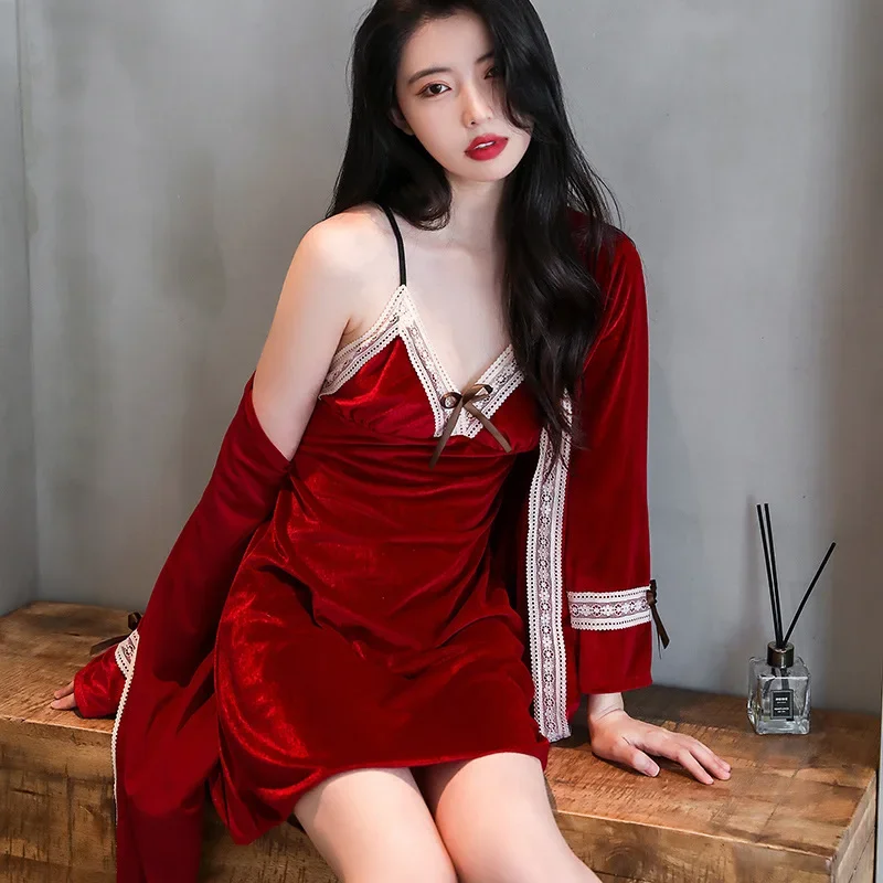 Bride Wedding Nighty&Robe Set Autumn Winter Velvet Sleepwear Elegant Lace Trim Spaghetti Strap Women Warm Bathrobe Kimono Gown
Bride Wedding Nighty&Robe Set Autumn Winter Velvet Sleepwear Elegant Lace Trim Spaghetti Strap Women Warm Bathrobe Kimono Gown
