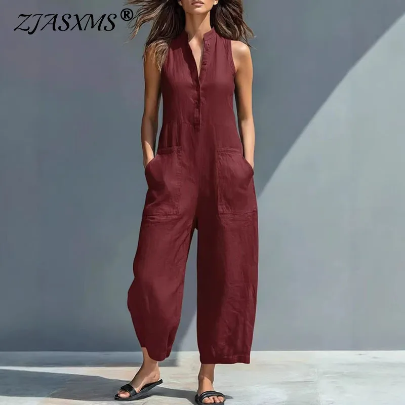 Sexy Stand Collar Button Shirt Jumpsuits Woman Spring Solid Cotton Linen Sleeveless Rompers Summer Wide Leg Pocket Boho Overalls
Sexy Stand Collar Button Shirt Jumpsuits Woman Spring Solid Cotton Linen Sleeveless Rompers Summer Wide Leg Pocket Boho Overalls