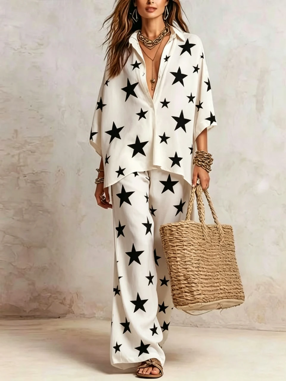 Fashion Star Print 2 Piece Set Women Summer Lapel 3/4 Sleeve Shirt Top & Wide Leg Pants Streetwear Casual Loose Trousers Suit
Fashion Star Print 2 Piece Set Women Summer Lapel 3/4 Sleeve Shirt Top & Wide Leg Pants Streetwear Casual Loose Trousers Suit