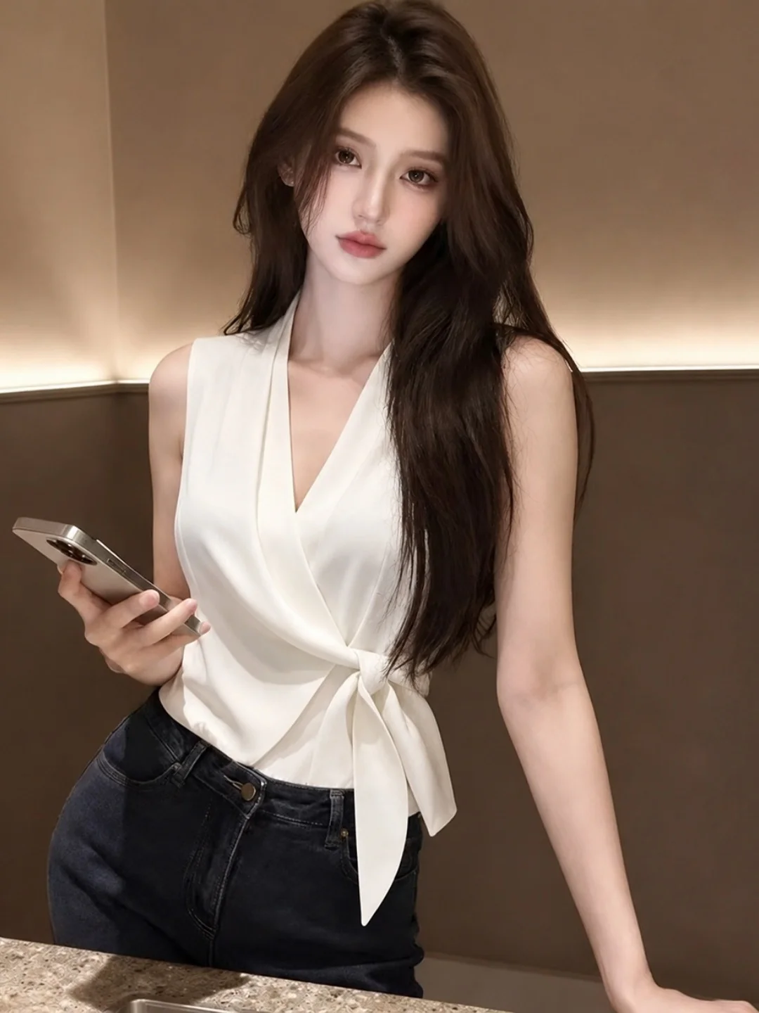 Summer 2026 Women's Slim Fit Sleeveless Vest Belted V-Neck Top Korean Style Fashion Design Silk Material Regular Length
Summer 2026 Women's Slim Fit Sleeveless Vest Belted V-Neck Top Korean Style Fashion Design Silk Material Regular Length
