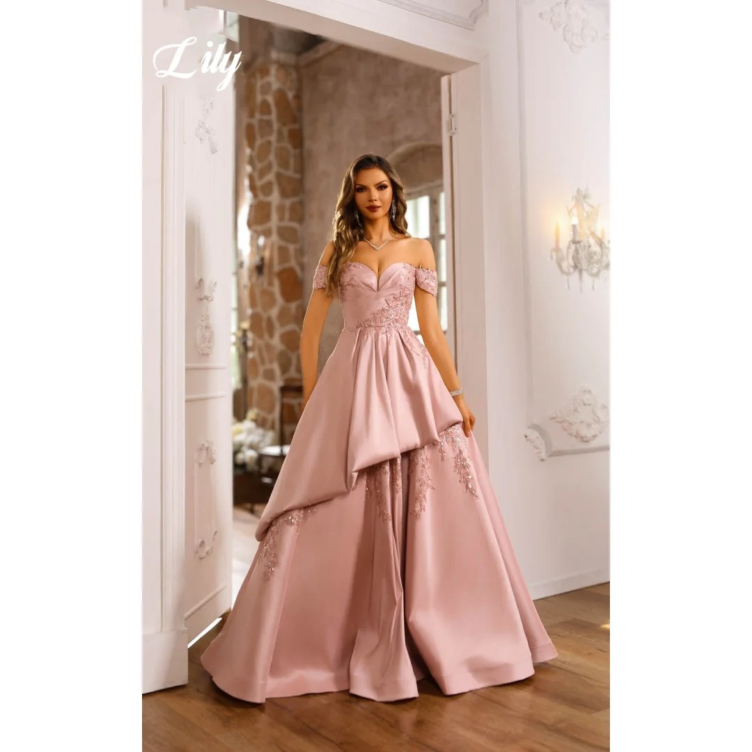 Lily Light Pink Satin Prom Dresses Off The Shoulder A-Line Evening Dresses With Lace Elegant Floor-Length Prom Gown Customized
Lily Light Pink Satin Prom Dresses Off The Shoulder A-Line Evening Dresses With Lace Elegant Floor-Length Prom Gown Customized
