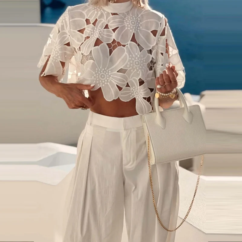 White Lace High Waist Women Outfit Casual Loose Beach 2 Piece Set Summer O Neck Short Sleeve Top and Wide Leg Pants Holiday Suit
White Lace High Waist Women Outfit Casual Loose Beach 2 Piece Set Summer O Neck Short Sleeve Top and Wide Leg Pants Holiday Suit