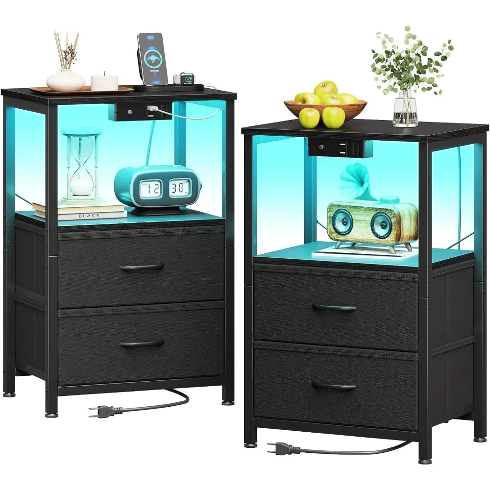 Nightstand Set of 2 with Charger Station — USB Ports & Outlet, Bed SideTable with LED Lights, End Table with Fabric Drawers and
Nightstand Set of 2 with Charger Station — USB Ports & Outlet, Bed SideTable with LED Lights, End Table with Fabric Drawers and