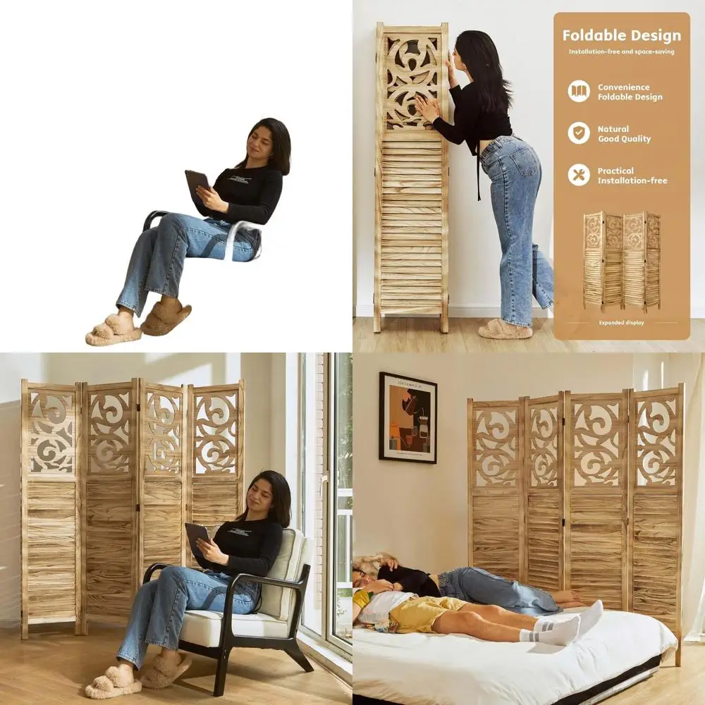 4-Panel Wooden Carved Room Divider, Portable Privacy Screen with Reversible Design for Home and Office
4-Panel Wooden Carved Room Divider, Portable Privacy Screen with Reversible Design for Home and Office