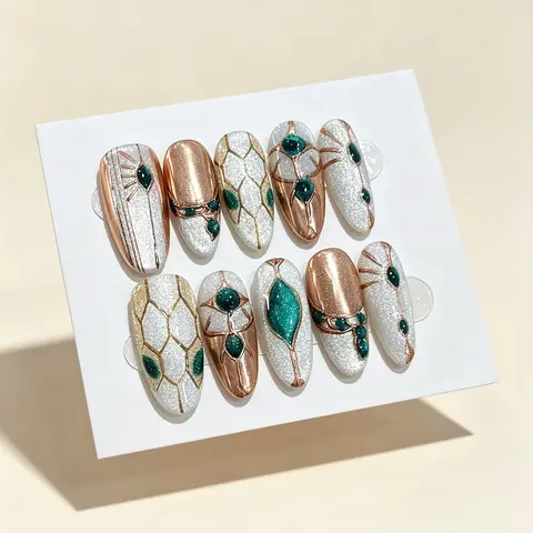 10pcs Luxury Snake Handmade Press On Nails Emerald Green Gold Line Glitter Design Fake Nail Long Oval False Nail For Women