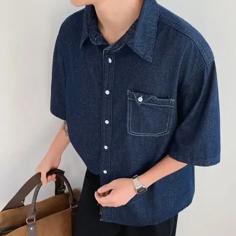 Blue Casual Short Sleeve Denim Shirt for Men Summer New Loose Style with Pocket Versatile Simple Design Top Casual Shirt