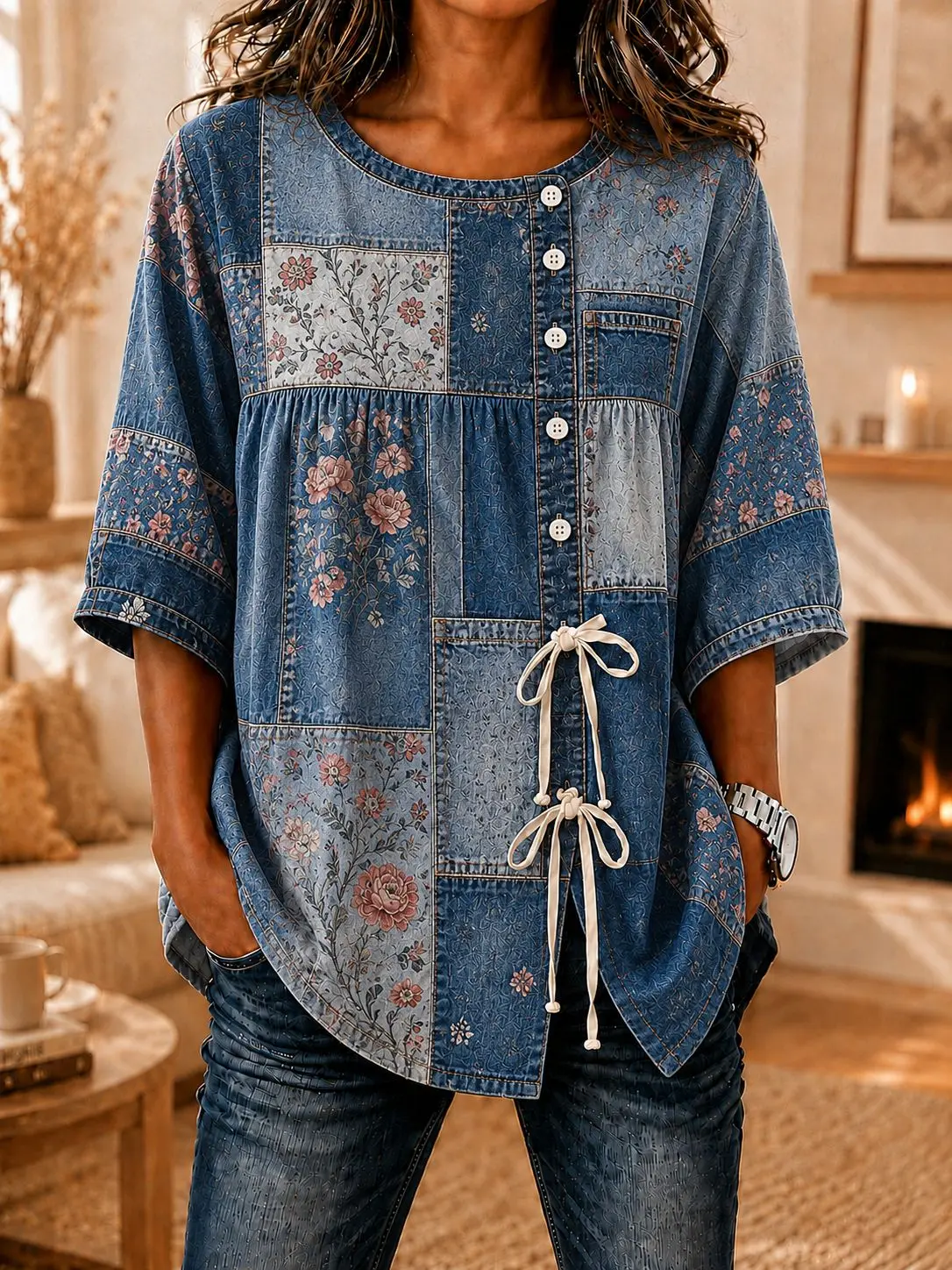 Women's Denim Patchwork Floral Print Drawstring Button Up Blouse, Casual Round Neck Tops for Spring Summer Daily Vacation Wear
Women's Denim Patchwork Floral Print Drawstring Button Up Blouse, Casual Round Neck Tops for Spring Summer Daily Vacation Wear