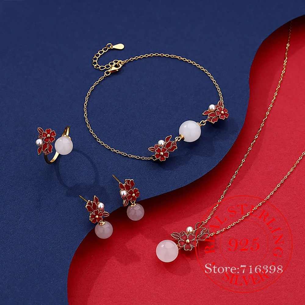 925 Sterling Silver Jewelry Natural Jade Cherry Flower Jewelry Set Necklace Earrings Bracelet Rings for Women Wedding Party Gift
925 Sterling Silver Jewelry Natural Jade Cherry Flower Jewelry Set Necklace Earrings Bracelet Rings for Women Wedding Party Gift