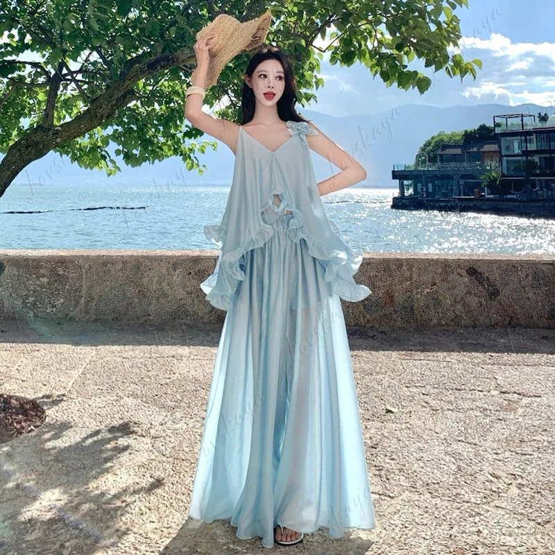 New Super Fairy Three-dimensional Flower Lotus Leaf Edge Blue Suspender Dress Women's Summer Vacation Wind Swinging Long
New Super Fairy Three-dimensional Flower Lotus Leaf Edge Blue Suspender Dress Women's Summer Vacation Wind Swinging Long