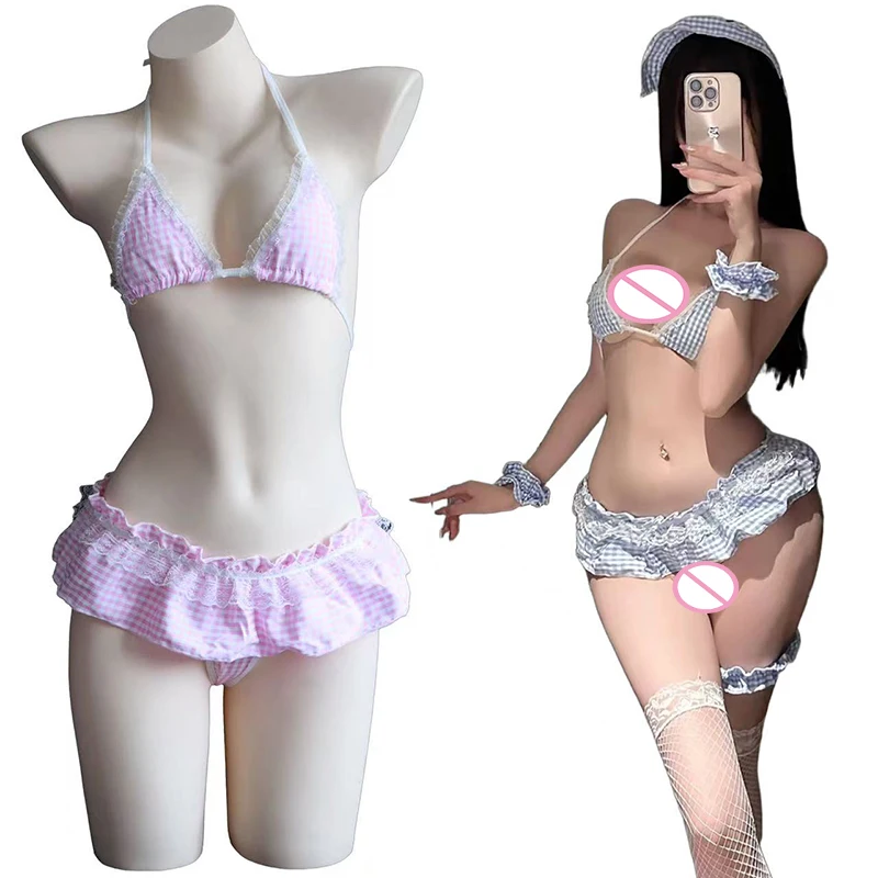 2026 New Bikini Swimsuit Pink Blue Grid Lace Maid Outfit Role Play Cute Sexy Three-Point Bikini Spicy Girl Bra Thong Set
2026 New Bikini Swimsuit Pink Blue Grid Lace Maid Outfit Role Play Cute Sexy Three-Point Bikini Spicy Girl Bra Thong Set 