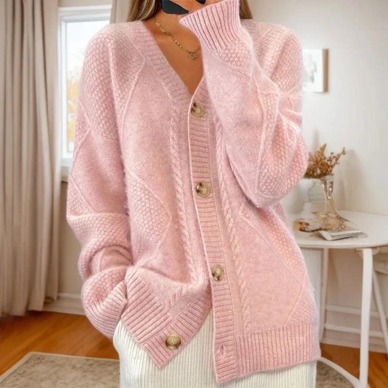 Autumn Winter Solid Color Long-sleeved V Neck Knitted Cardigan Breasted Women Top Fashion Jacquard Sweater Versatile Coat Female
Autumn Winter Solid Color Long-sleeved V Neck Knitted Cardigan Breasted Women Top Fashion Jacquard Sweater Versatile Coat Female