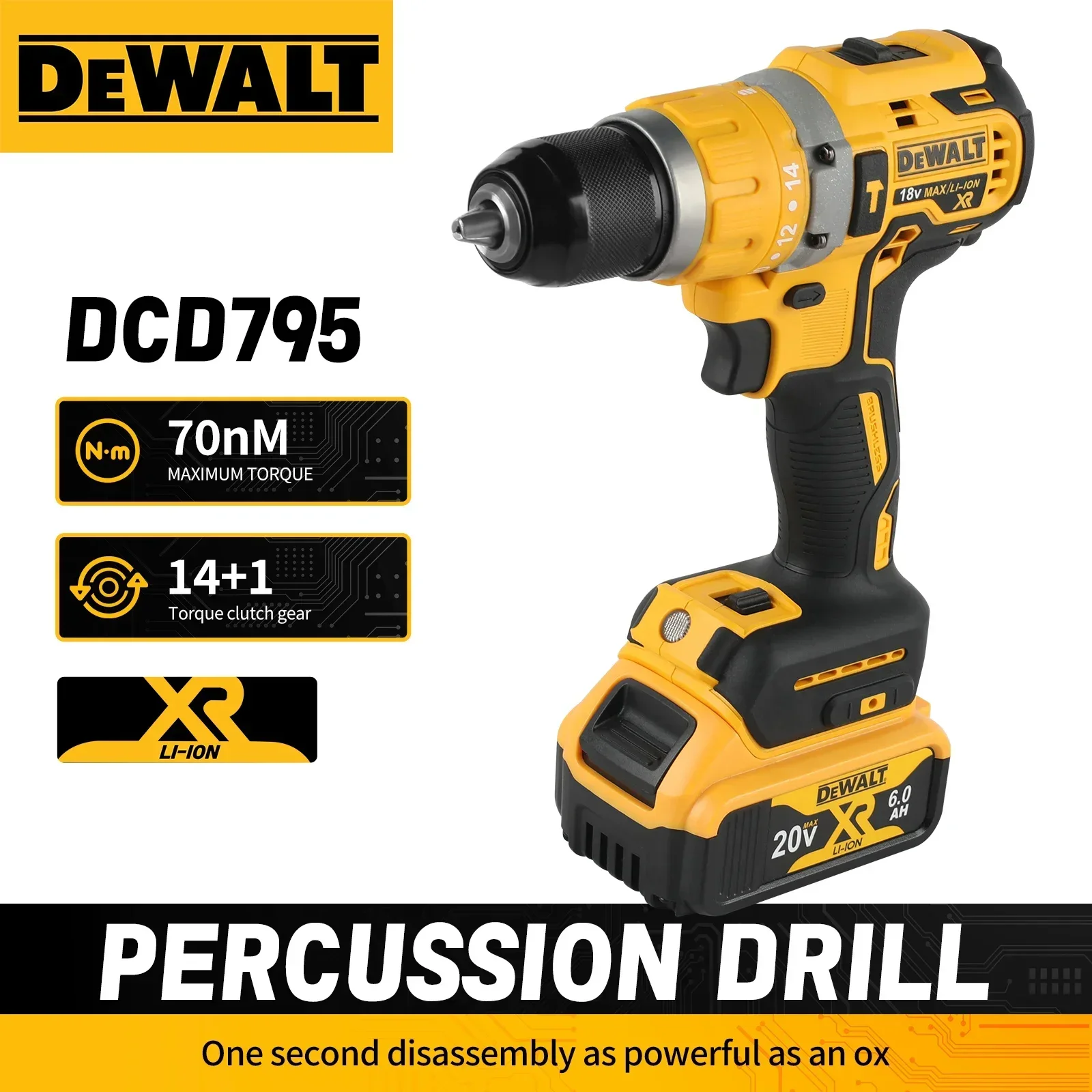 Dewalt DCD795 Brushless Drill - 20V,70Nm Torque, 0-2200rpm, Infinite Speed,for Precise Wood & Metal Drilling with Ergonomic Grip
Dewalt DCD795 Brushless Drill - 20V,70Nm Torque, 0-2200rpm, Infinite Speed,for Precise Wood & Metal Drilling with Ergonomic Grip