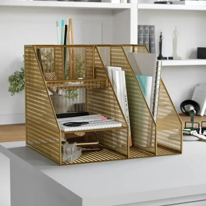 Martha Stewart Ryder Gold Mesh Metal Large Desktop Organizer with Magazine File Holder, Pen Holder, and Storage
Martha Stewart Ryder Gold Mesh Metal Large Desktop Organizer with Magazine File Holder, Pen Holder, and Storage