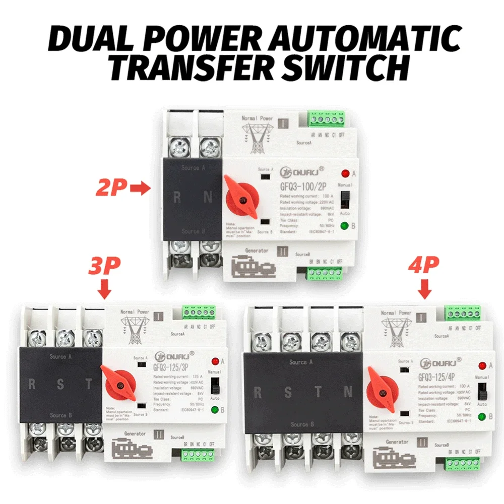 2P 3P 4P ATS Din Rail Dual Power Automatic Transfer Switch Selector Switches Uninterrupted Power Generator 63A 100A 125A
2P 3P 4P ATS Din Rail Dual Power Automatic Transfer Switch Selector Switches Uninterrupted Power Generator 63A 100A 125A