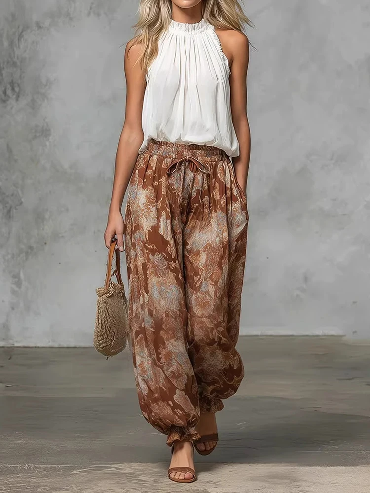 Elegant Boho Two Piece Set for Women White Ruffle Halter Top + Brown Print Drawstring Harem Pants Summer Vacation Outfit
Elegant Boho Two Piece Set for Women White Ruffle Halter Top + Brown Print Drawstring Harem Pants Summer Vacation Outfit