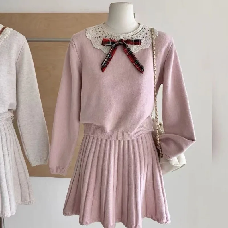 Sweet Bow Patchwork Peter Pan Collar Long Sleeve Top Women+ High Waist A-line Skirts 2025 Autumn Winter New Two Piece Sets 
Sweet Bow Patchwork Peter Pan Collar Long Sleeve Top Women+ High Waist A-line Skirts 2025 Autumn Winter New Two Piece Sets