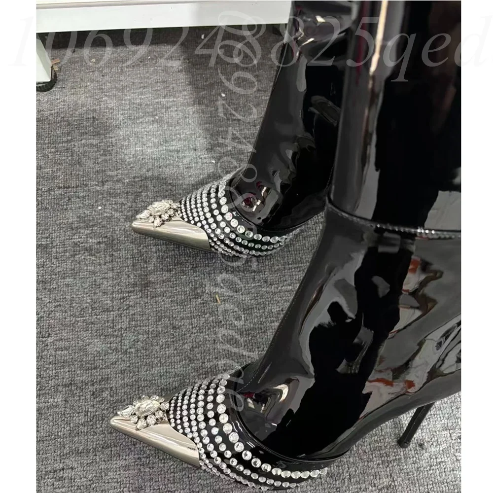 Women's Black Patent Leather Knee High Stiletto Heel Boots, Pointed Toe Rhinestone & Metal Cap Toe Tall Boots with Side Zipper
Women's Black Patent Leather Knee High Stiletto Heel Boots, Pointed Toe Rhinestone & Metal Cap Toe Tall Boots with Side Zipper