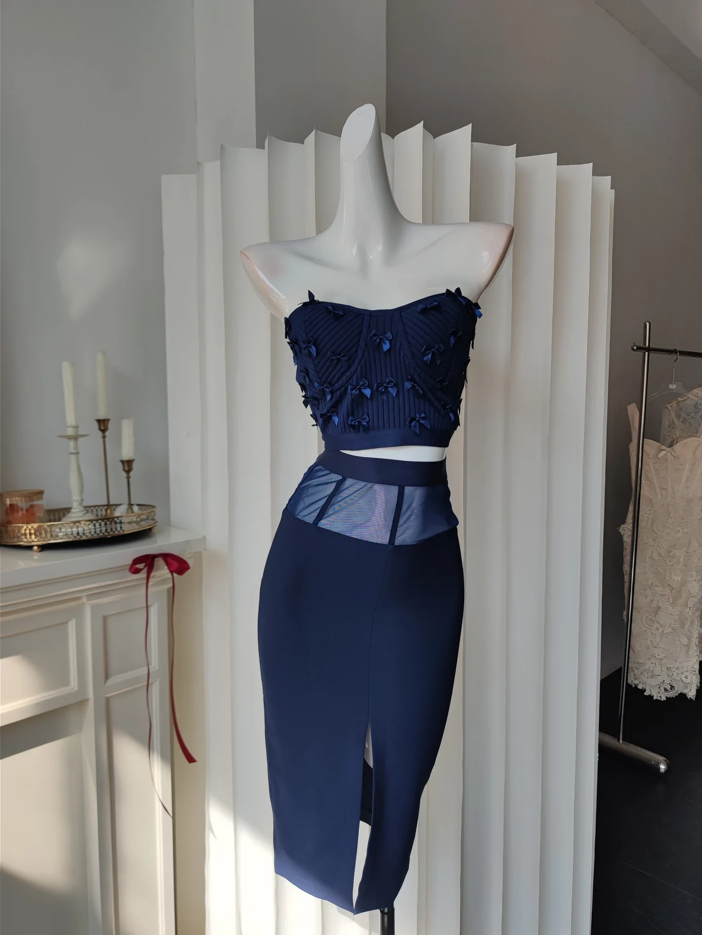 Navy Blue Bandage Two Piece Set - Strapless Bow Crop Top & High Waist Mesh Panel Slit Midi Skirt
Navy Blue Bandage Two Piece Set - Strapless Bow Crop Top & High Waist Mesh Panel Slit Midi Skirt