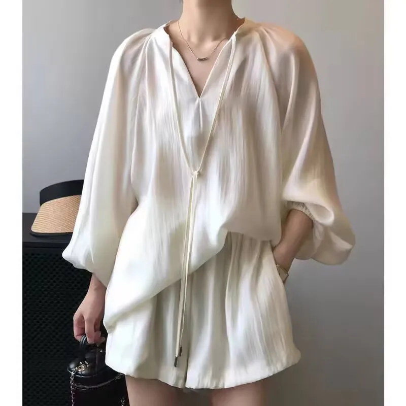 Women Two Pieces Short Sets Solid Matching Set Lace Up V Neck Lantern Sleeves Tops Mini Wide Leg Pants Loose Casual 2026 Summer
Women Two Pieces Short Sets Solid Matching Set Lace Up V Neck Lantern Sleeves Tops Mini Wide Leg Pants Loose Casual 2026 Summer