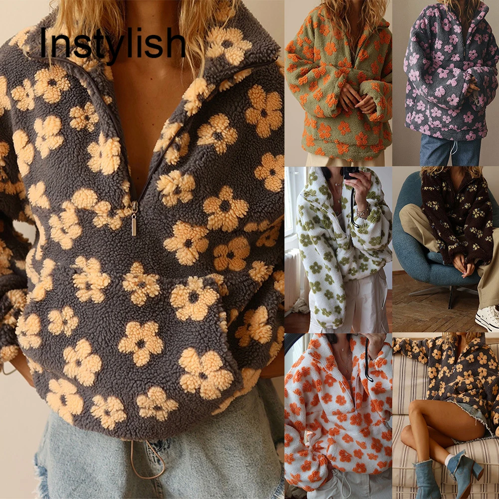Новая осенне-зимняя женская пуловерная толстовка с цветочным принтом и полумолниями. Свободная теплая модная и спортивная толстовка.