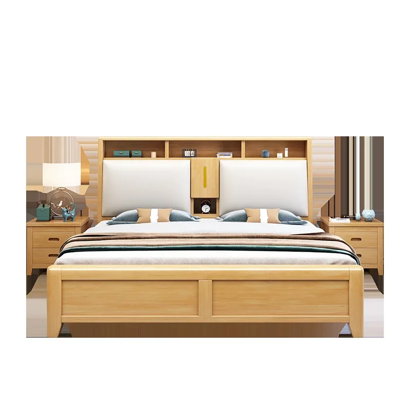 Nordic solid wood bed, modern simple bedside storage with night light double bed 1.8 meters 
Nordic solid wood bed, modern simple bedside storage with night light double bed 1.8 meters