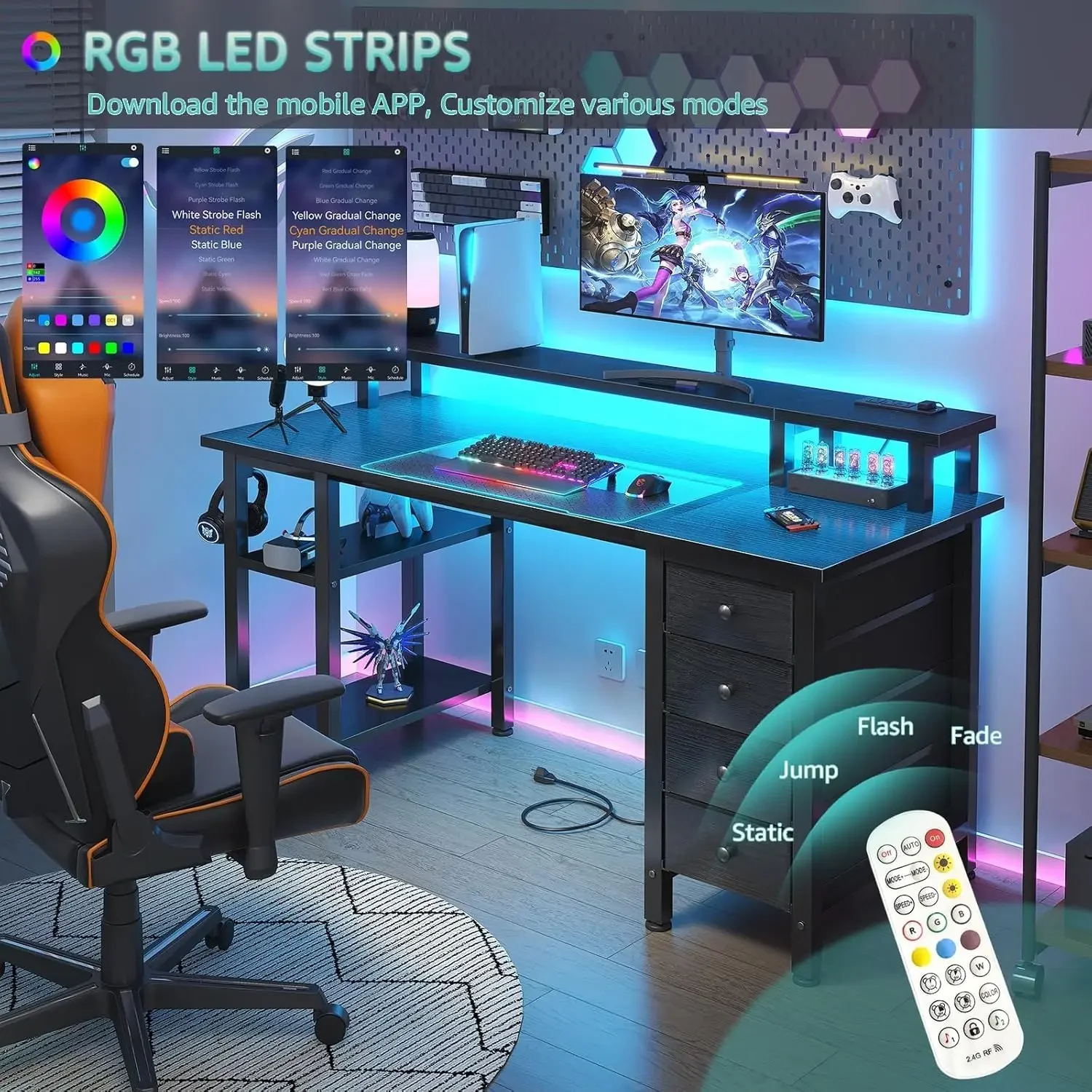 Black Gaming Desk with LED Lights and Power Outlets, 47 inch Computer Desk with Fabric Drawers and Storage Shelves, Home Office
Black Gaming Desk with LED Lights and Power Outlets, 47 inch Computer Desk with Fabric Drawers and Storage Shelves, Home Office