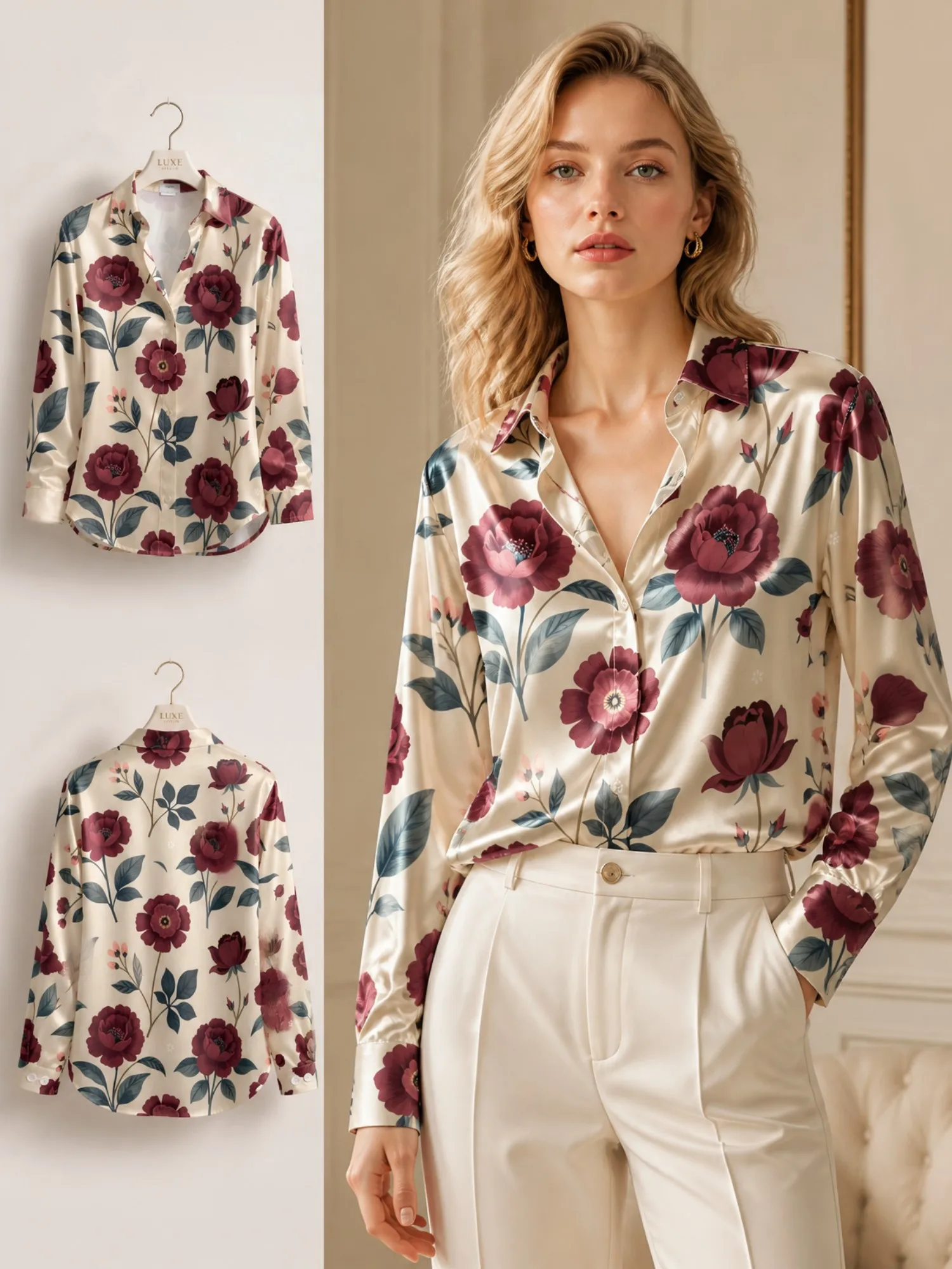 Cream Burgundy Floral Satin Blouse for Women Long Sleeve Button Down Shirt Vintage Garden Office Casual Elegant Silky Top New Ch
Cream Burgundy Floral Satin Blouse for Women Long Sleeve Button Down Shirt Vintage Garden Office Casual Elegant Silky Top New Ch
