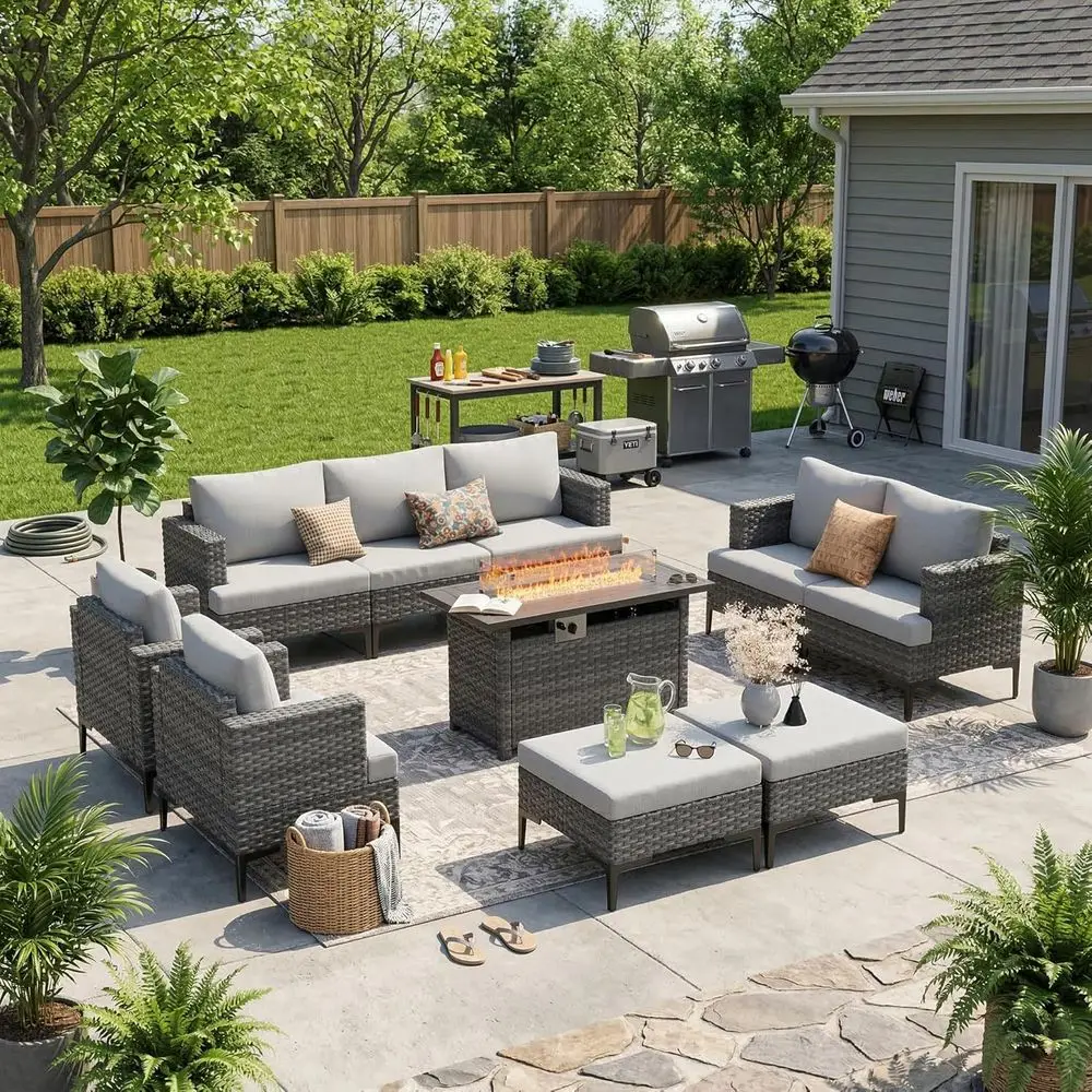 10-Piece High-End Outdoor Patio Furniture Set with 44 Fire Pit Table, Weather-Resistant Sectional with Plush Cushions for Large
10-Piece High-End Outdoor Patio Furniture Set with 44 Fire Pit Table, Weather-Resistant Sectional with Plush Cushions for Large
