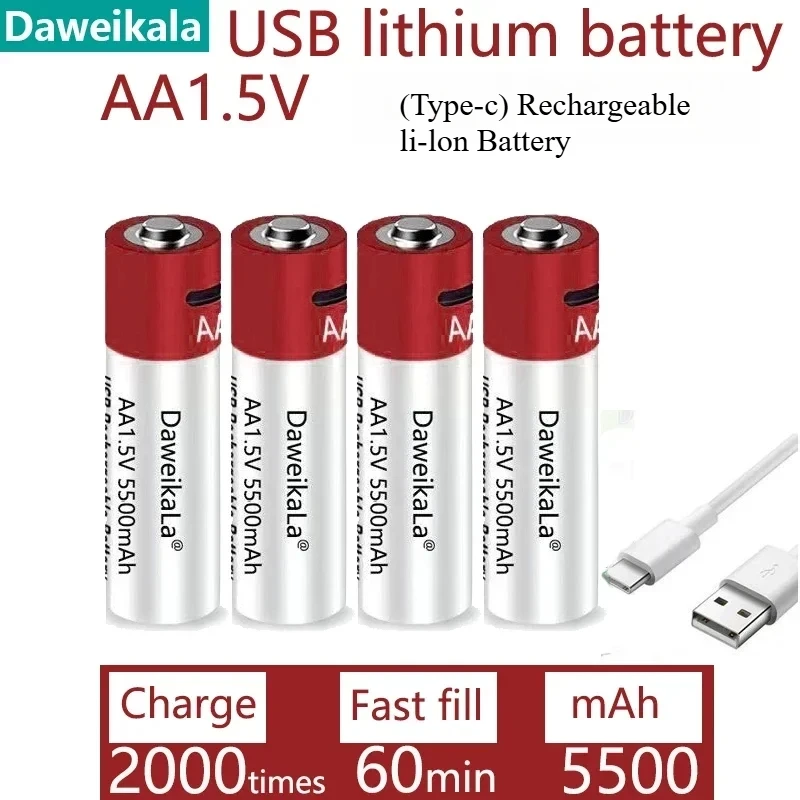 AA USB Rechargeable Li-ion Battery 1.5V AA 5500mah Battery for Toys MP3 Player Thermometer Keyboard + Cable
AA USB Rechargeable Li-ion Battery 1.5V AA 5500mah Battery for Toys MP3 Player Thermometer Keyboard + Cable