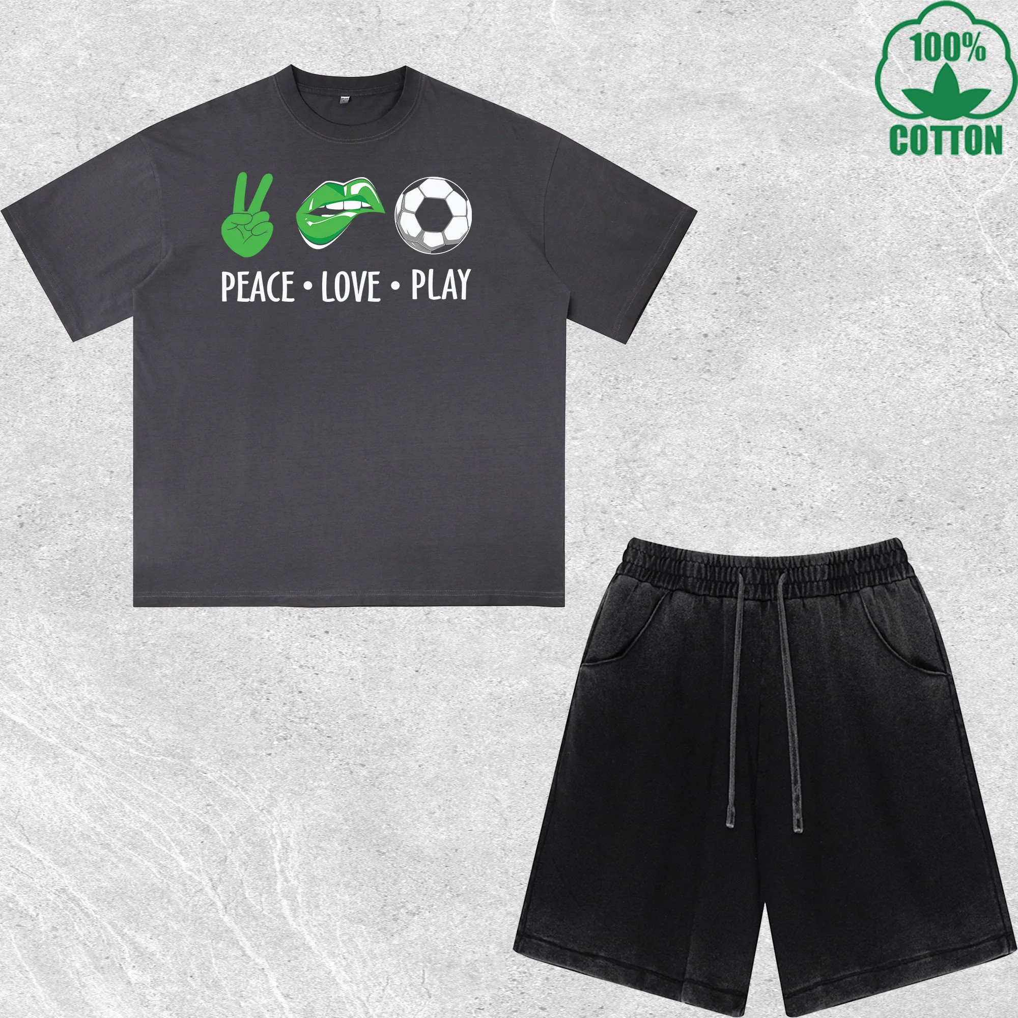 Peace Love Play Printed Dirty Wash T-Shirt Shorts Set Combo Loose Trendy Fashionable 100%Cotton Black Suit
Peace Love Play Printed Dirty Wash T-Shirt Shorts Set Combo Loose Trendy Fashionable 100%Cotton Black Suit