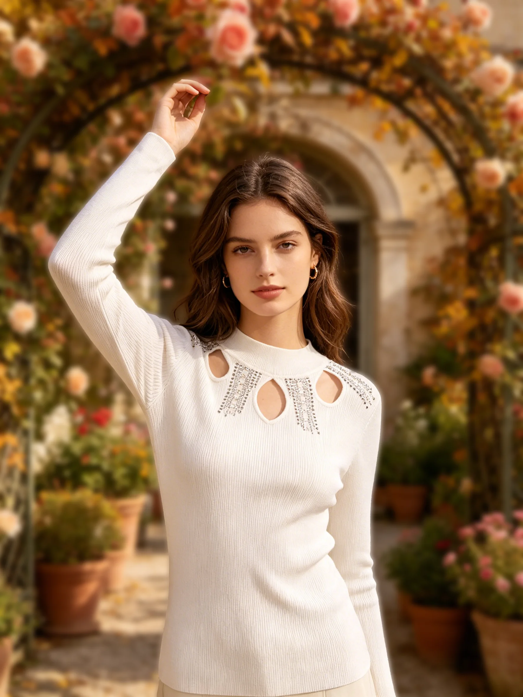 2026 New Women's White Rhinestone Cutout Knit Top Long Sleeve Mock Neck Bodycon Sweater Casual Party Club Night Out Top
2026 New Women's White Rhinestone Cutout Knit Top Long Sleeve Mock Neck Bodycon Sweater Casual Party Club Night Out Top