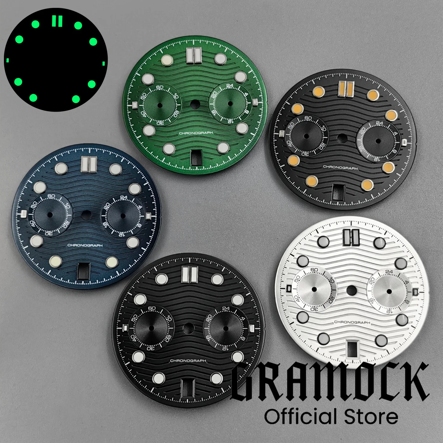 31mm Sterile Wave Dial Black Blue Green Watch Dial Watch Hands C3 Luminous Fit VK64 Chronograph Quartz Movement 6 o'clock Date
31mm Sterile Wave Dial Black Blue Green Watch Dial Watch Hands C3 Luminous Fit VK64 Chronograph Quartz Movement 6 o'clock Date