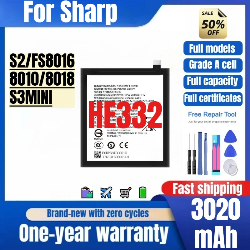 HE332 for Sharp S2/FS8016/8010/8018/S3MINI Phone Battery High Quality High Capacity Replacement Bateria Grade A Cell with Tools
HE332 for Sharp S2/FS8016/8010/8018/S3MINI Phone Battery High Quality High Capacity Replacement Bateria Grade A Cell with Tools