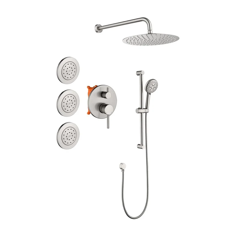 Modern Shower System with Head, Hand Shower, Slide Bar, Body Jets, Arm, Hose, Valve Trim, Lever Handles
Modern Shower System with Head, Hand Shower, Slide Bar, Body Jets, Arm, Hose, Valve Trim, Lever Handles