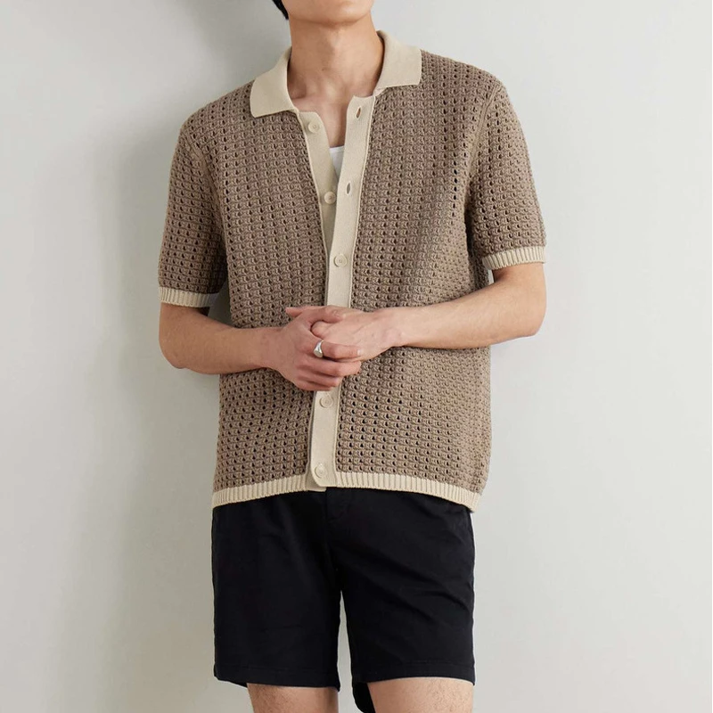 Summer Hollow Out Knit Shirt For Men Short Sleeved Breathable Knitted Tops Fashion Patchwork Mesh Kintting Cardigan Streetwear
Summer Hollow Out Knit Shirt For Men Short Sleeved Breathable Knitted Tops Fashion Patchwork Mesh Kintting Cardigan Streetwear