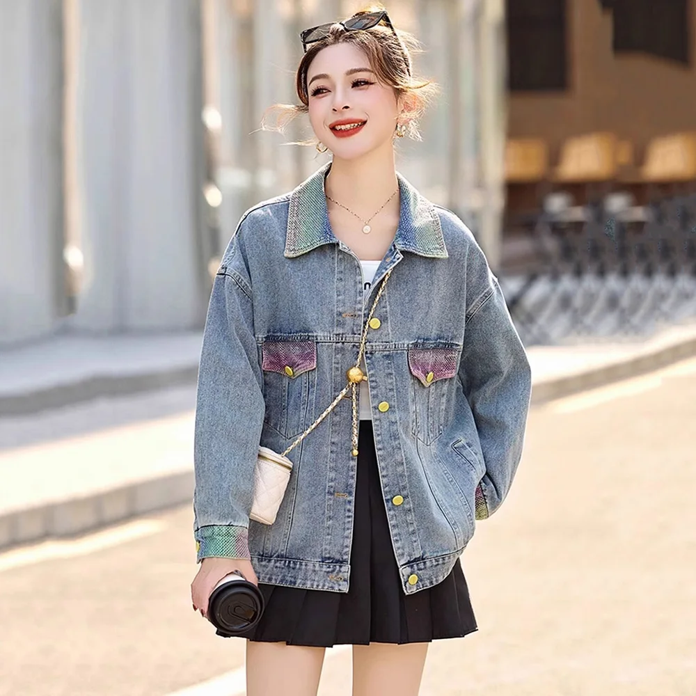 New Women Spring Autumn Patchwork Denim Jacket Fashion Turn-down Collar Single Breasted Loose Short Coat Casual Jacket
New Women Spring Autumn Patchwork Denim Jacket Fashion Turn-down Collar Single Breasted Loose Short Coat Casual Jacket