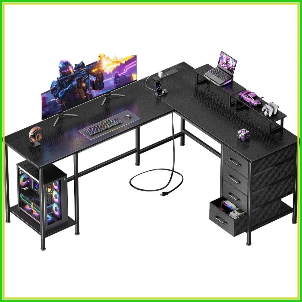 59" L-Shaped Computer Desk with Power Outlets, 4 Drawers & Monitor Stands, Home Office Gaming Desk for Two, Black
59" L-Shaped Computer Desk with Power Outlets, 4 Drawers & Monitor Stands, Home Office Gaming Desk for Two, Black