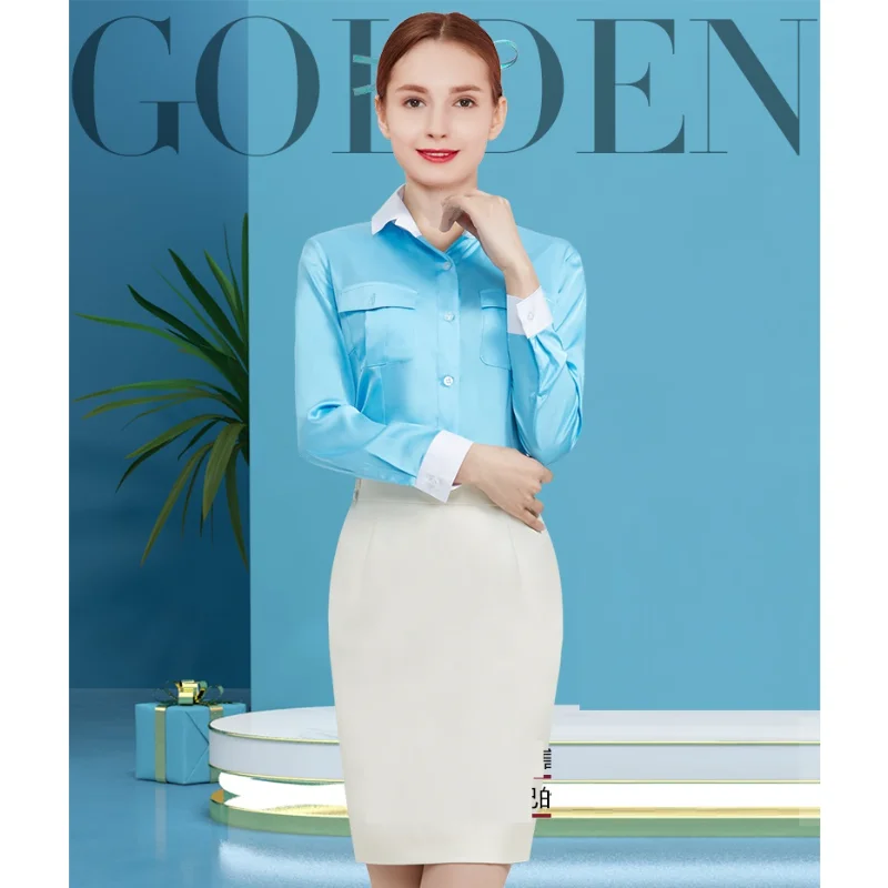 South Korean Flight Attendant Interview Etiquette Suit Glossy Full Sleeved Shirt Skirt Blue Apron Aviation Uniforms- Blue, White
South Korean Flight Attendant Interview Etiquette Suit Glossy Full Sleeved Shirt Skirt Blue Apron Aviation Uniforms- Blue, White