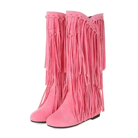 Size 34-43 Fashion Pink Flock Leather Women Fringe Flat Heels Long Boots Woman Tassel Knee High Boots