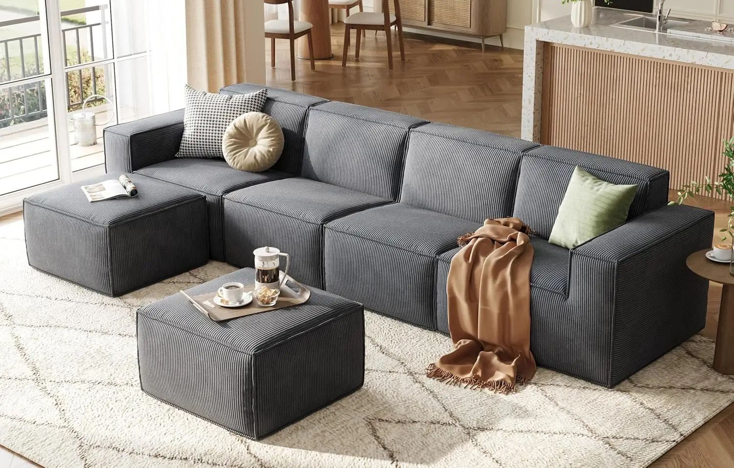 Modular Sectional Sofa, 134' U Shaped 4-Seat with 2 Movable Ottomans, Corduroy Cloud Couches, No Assembly, Bluish Grey
Modular Sectional Sofa, 134' U Shaped 4-Seat with 2 Movable Ottomans, Corduroy Cloud Couches, No Assembly, Bluish Grey