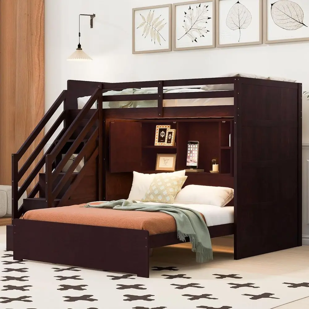 Twin Over Full L-Shaped Bunk Bed with Storage Stairs, Wood, L-Bed with Wardrobe, USB and Light
Twin Over Full L-Shaped Bunk Bed with Storage Stairs, Wood, L-Bed with Wardrobe, USB and Light
